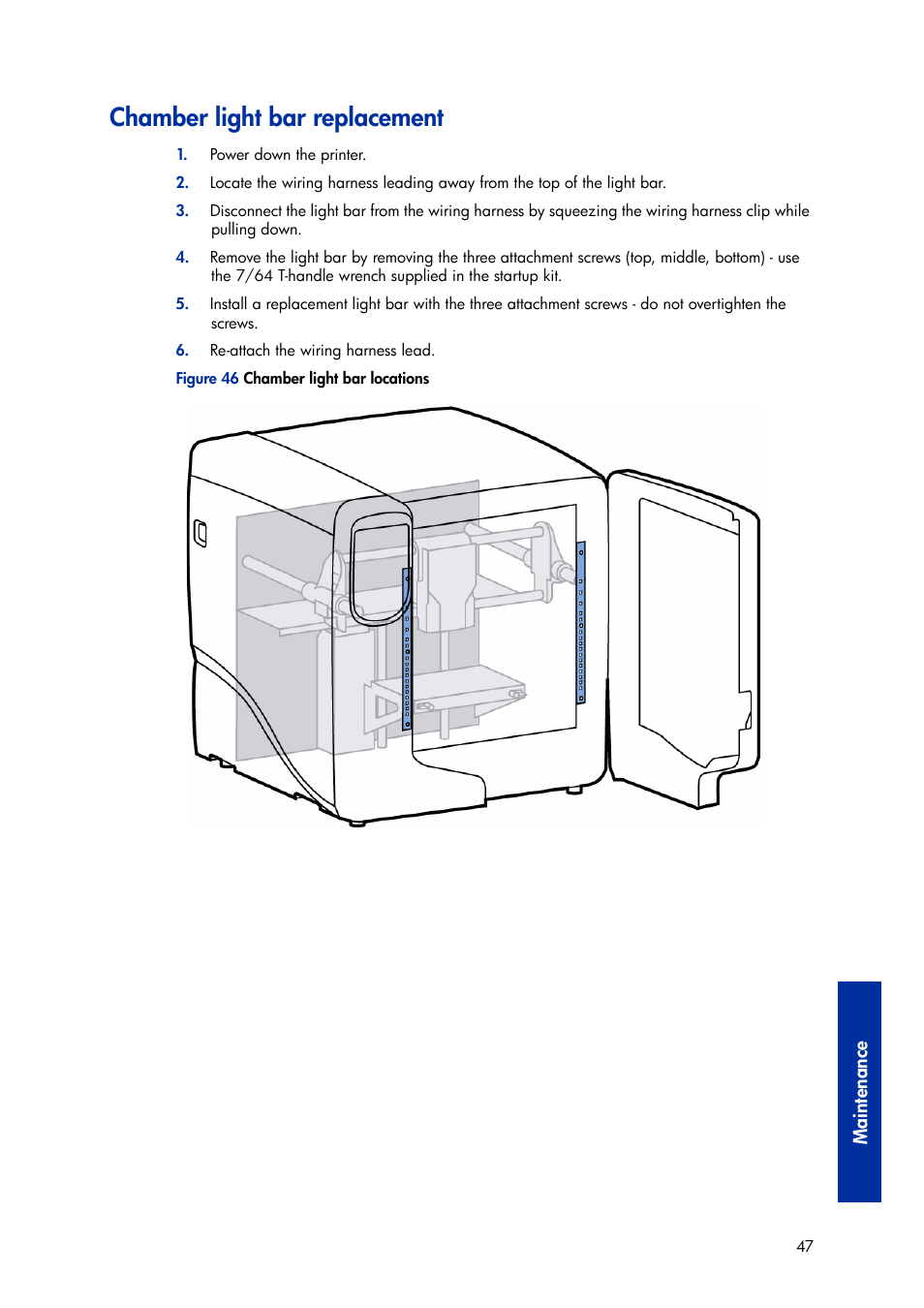 Chamber light bar replacement | HP Designjet 3D Printer series User Manual | Page 51 / 75