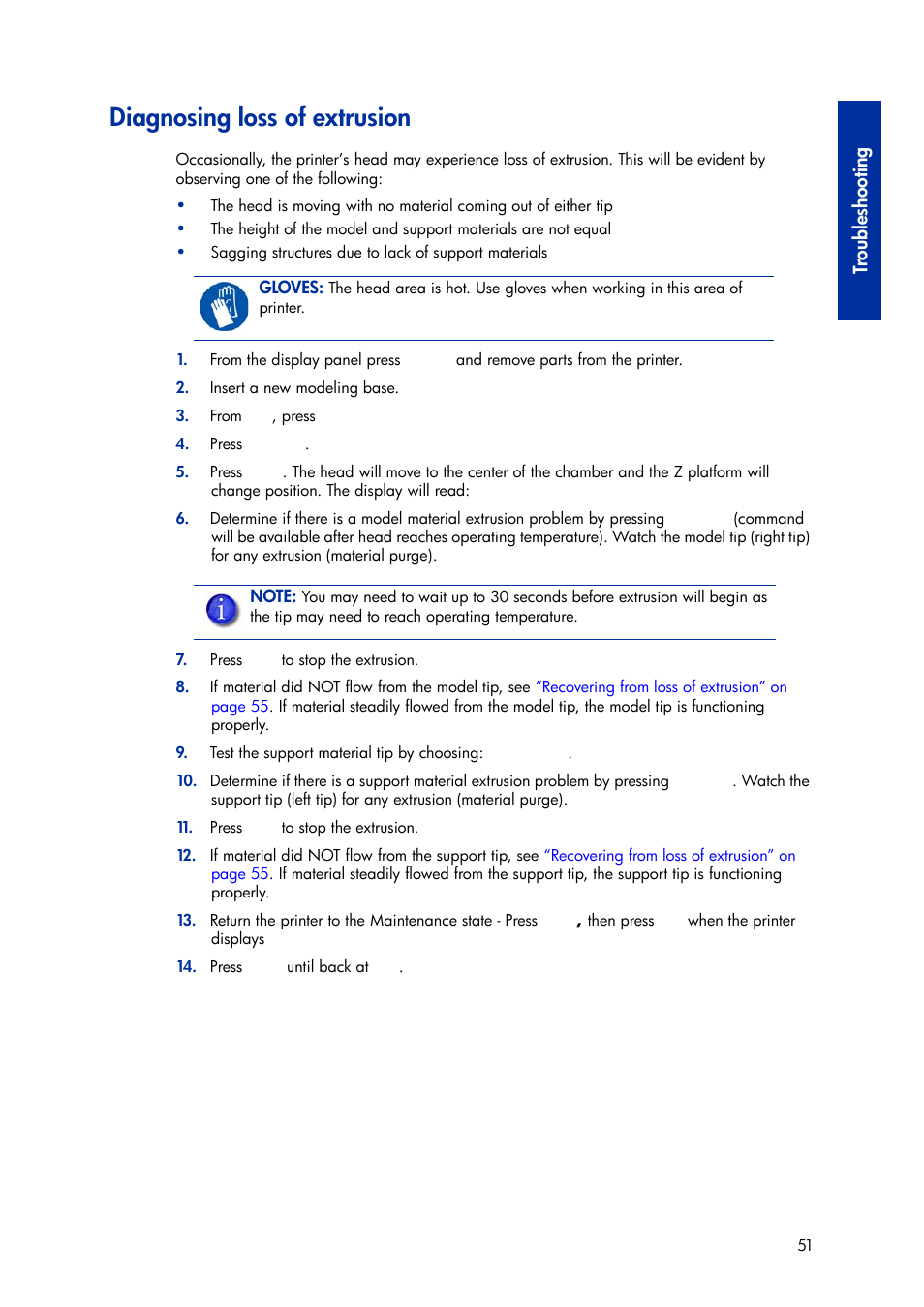 Diagnosing loss of extrusion, Tr oubl eshooting | HP Designjet 3D Printer series User Manual | Page 55 / 75
