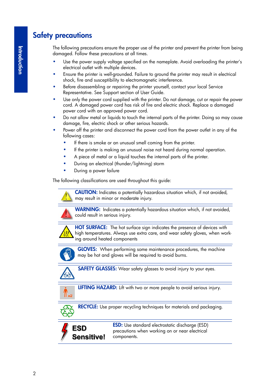 Safety precautions | HP Designjet 3D Printer series User Manual | Page 6 / 75