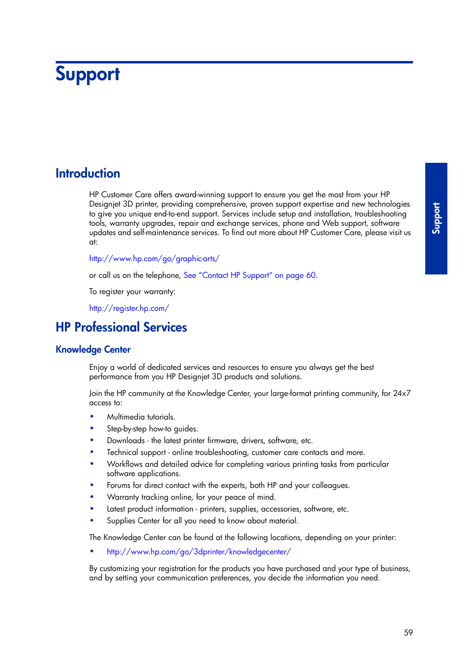Support, Introduction, Hp professional services | Knowledge center, 7 support, Introduction hp professional services | HP Designjet 3D Printer series User Manual | Page 63 / 75