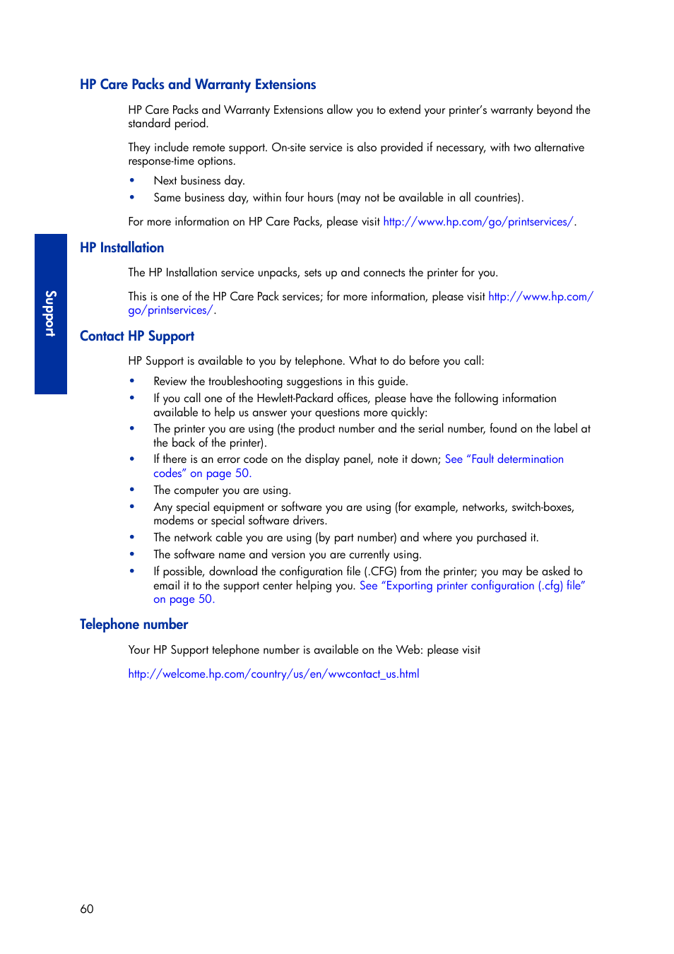 Hp care packs and warranty extensions, Hp installation, Contact hp support | Telephone number | HP Designjet 3D Printer series User Manual | Page 64 / 75