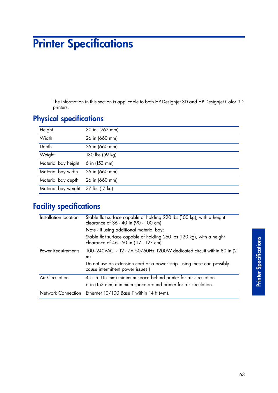 Printer specifications, Physical specifications, Facility specifications | 9 printer specifications, Physical specifications facility specifications | HP Designjet 3D Printer series User Manual | Page 67 / 75