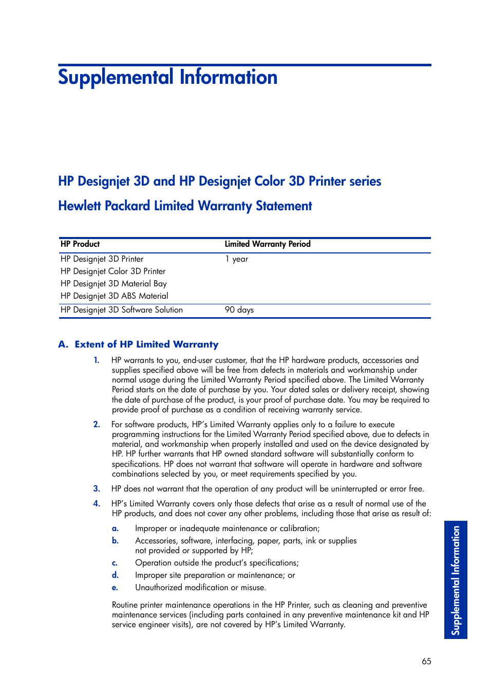 Supplemental information, Hewlett packard limited warranty statement, 10 supplemental information | HP Designjet 3D Printer series User Manual | Page 69 / 75