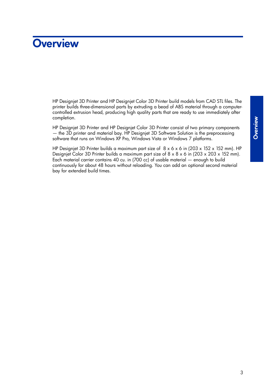 Overview, 2 overview | HP Designjet 3D Printer series User Manual | Page 7 / 75
