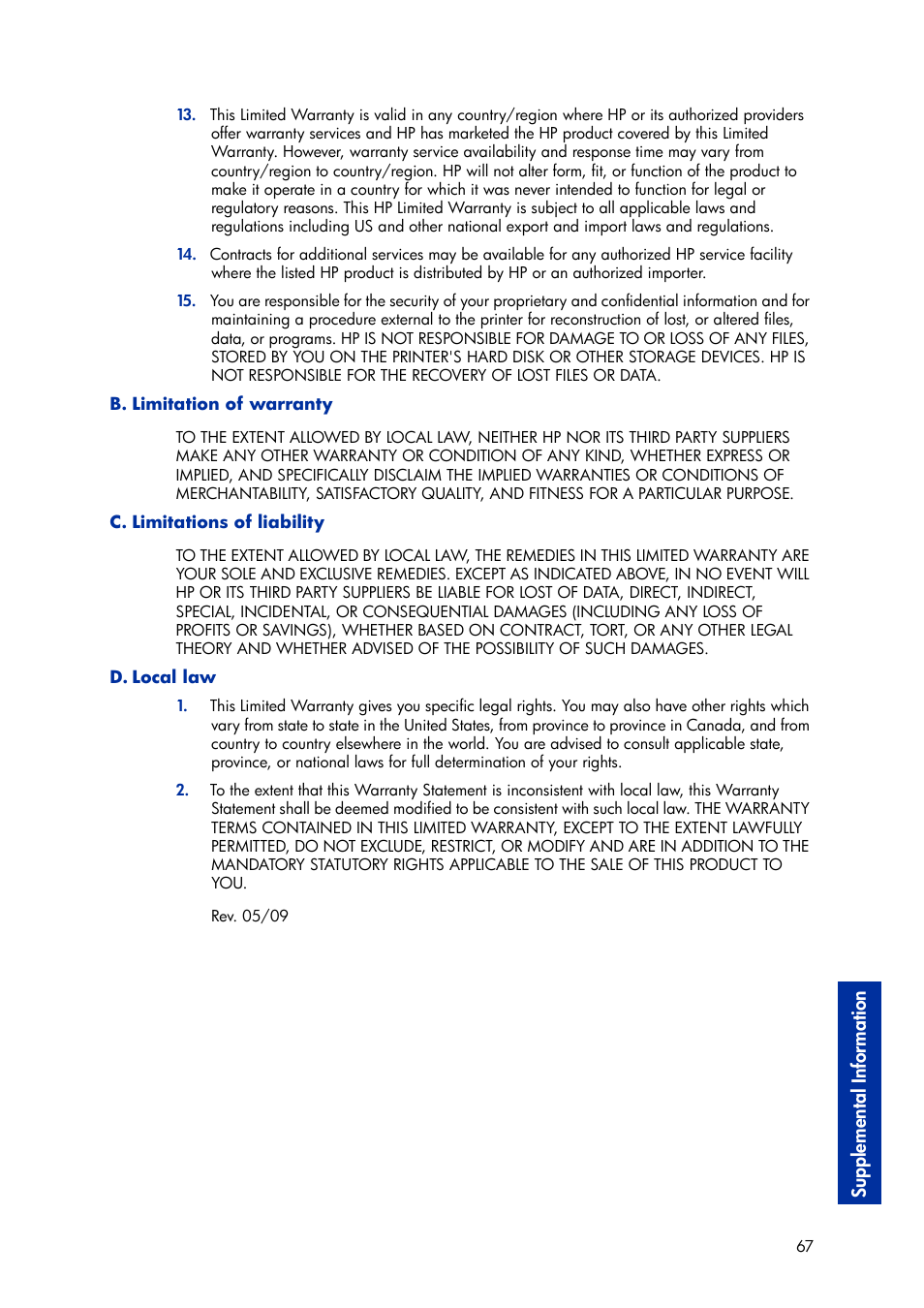 Suppl emental inf or m ation | HP Designjet 3D Printer series User Manual | Page 71 / 75