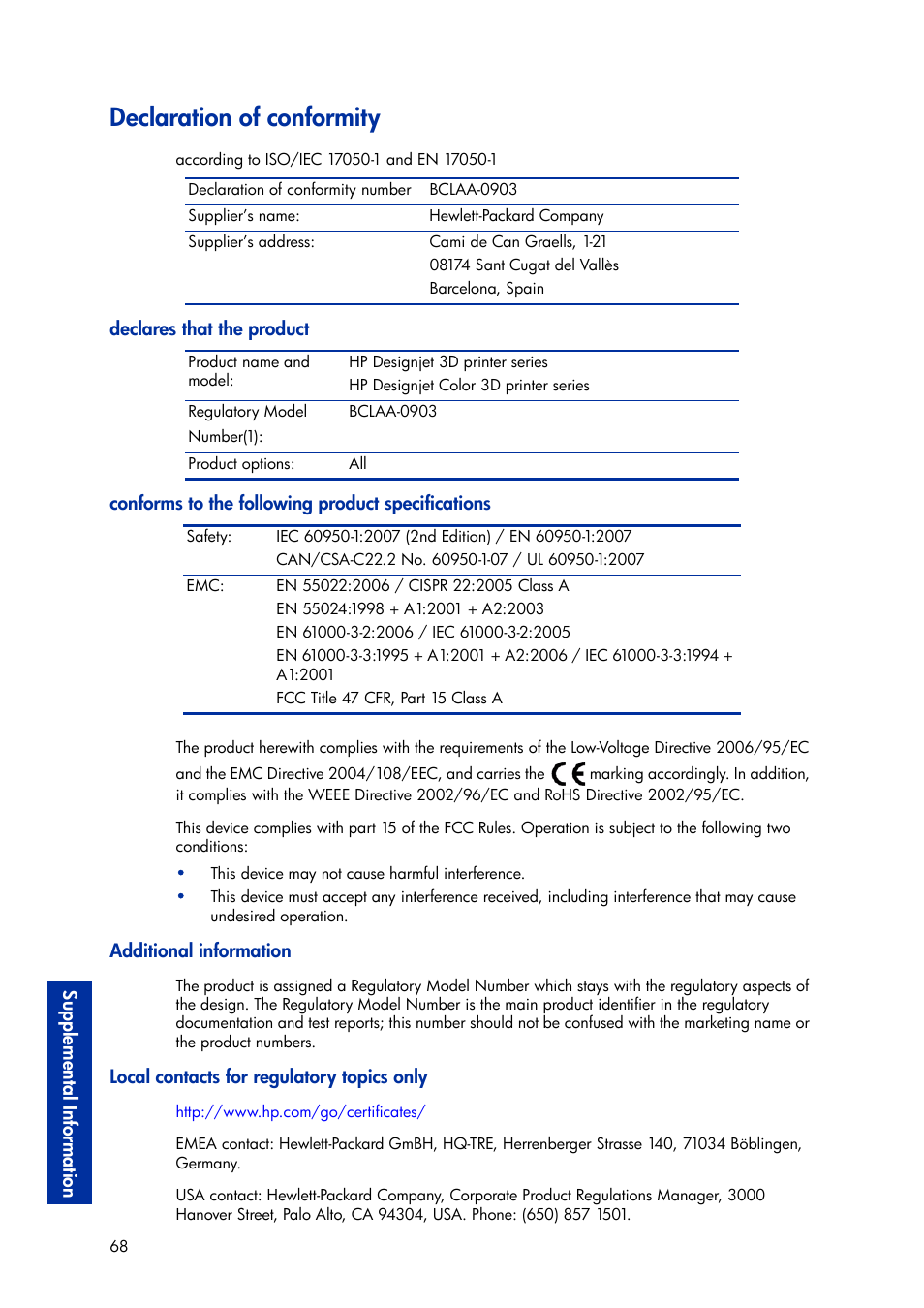 Declaration of conformity, Declares that the product, Conforms to the following product specifications | Additional information, Local contacts for regulatory topics only | HP Designjet 3D Printer series User Manual | Page 72 / 75