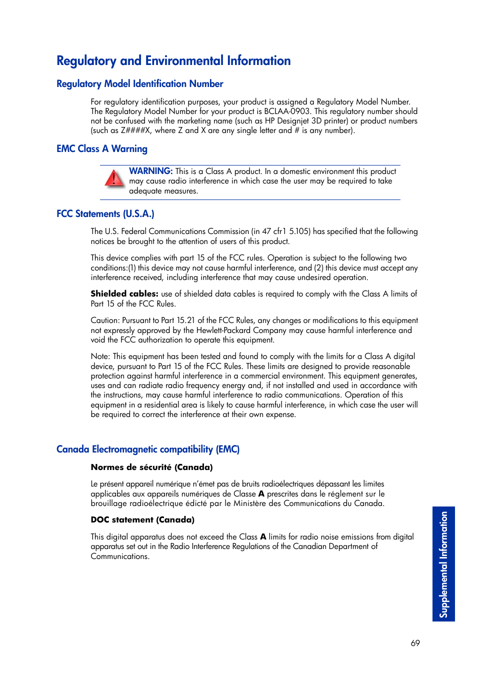 Regulatory and environmental information, Regulatory model identification number, Emc class a warning | Fcc statements (u.s.a.), Canada electromagnetic compatibility (emc) | HP Designjet 3D Printer series User Manual | Page 73 / 75