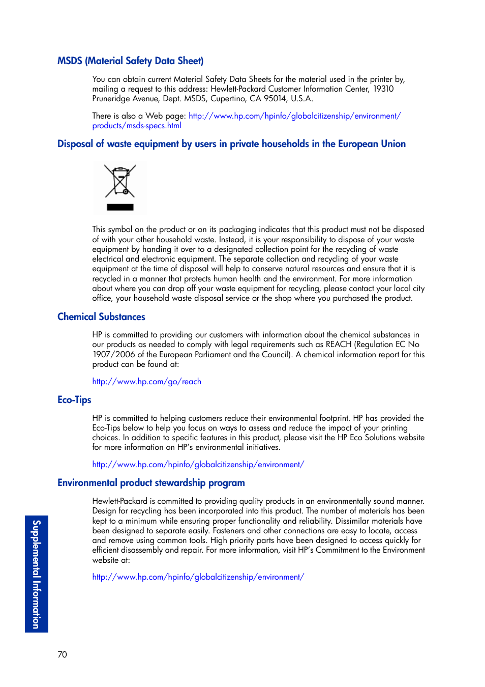 Msds (material safety data sheet), Chemical substances, Eco-tips | Environmental product stewardship program | HP Designjet 3D Printer series User Manual | Page 74 / 75