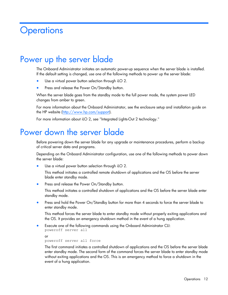 Operations, Power up the server blade, Power down the server blade | HP ProLiant BL465c G6 Server-Blade User Manual | Page 12 / 93