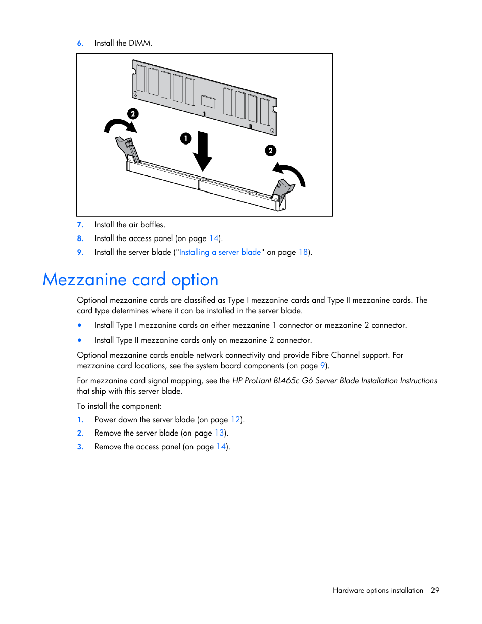 Mezzanine card option | HP ProLiant BL465c G6 Server-Blade User Manual | Page 29 / 93