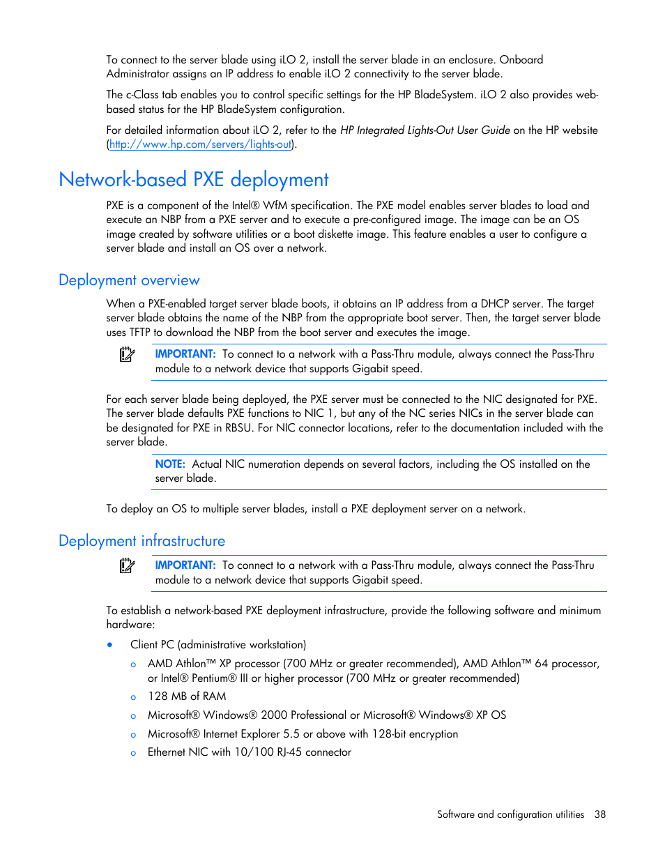Network-based pxe deployment, Deployment overview, Deployment infrastructure | HP ProLiant BL465c G6 Server-Blade User Manual | Page 38 / 93