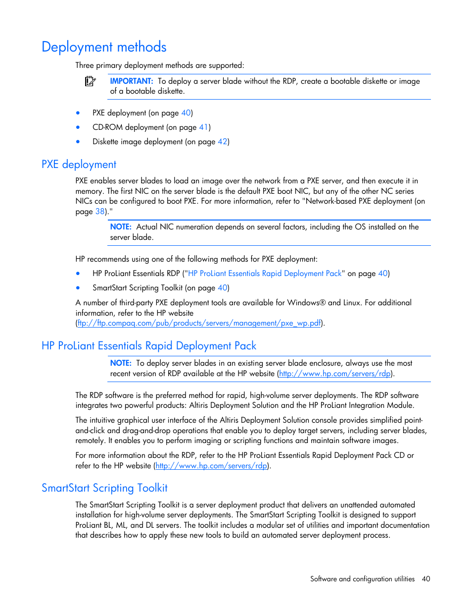 Deployment methods, Pxe deployment, Hp proliant essentials rapid deployment pack | Smartstart scripting toolkit | HP ProLiant BL465c G6 Server-Blade User Manual | Page 40 / 93
