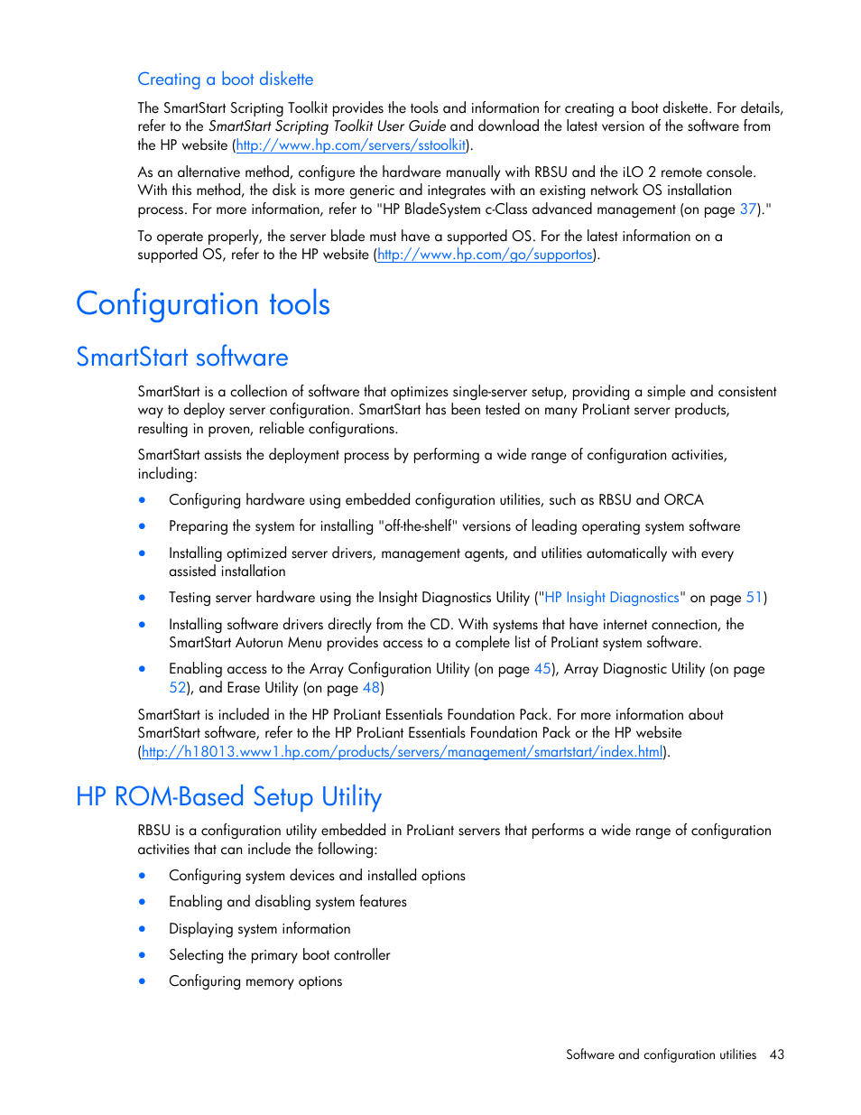 Configuration tools, Smartstart software, Hp rom-based setup utility | Lation. use rbsu, Hp rom, Based setup utility, To selec | HP ProLiant BL465c G6 Server-Blade User Manual | Page 43 / 93