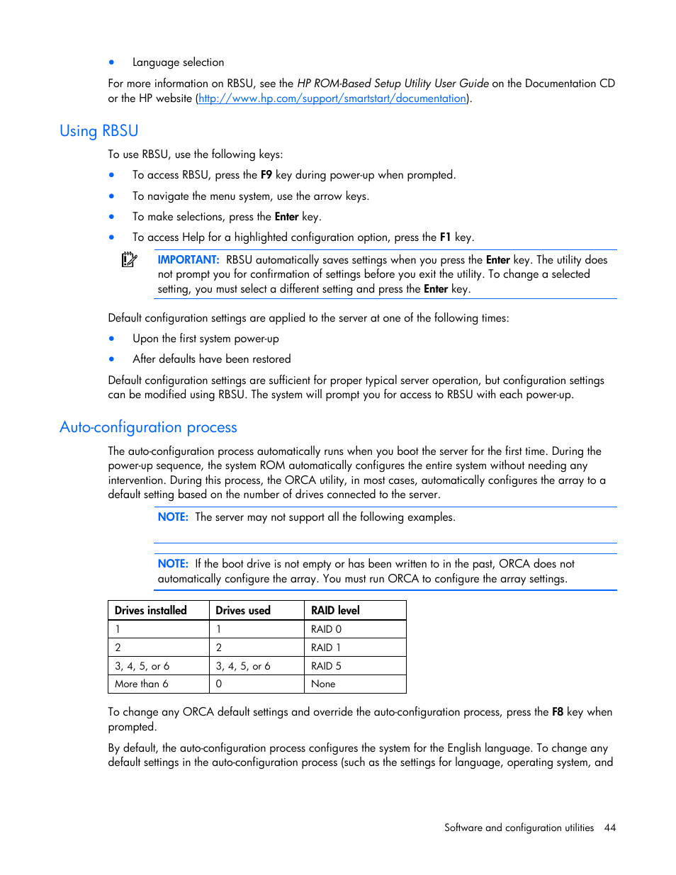 Using rbsu, Auto-configuration process | HP ProLiant BL465c G6 Server-Blade User Manual | Page 44 / 93
