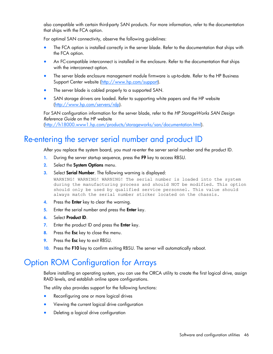 Option rom configuration for arrays | HP ProLiant BL465c G6 Server-Blade User Manual | Page 46 / 93