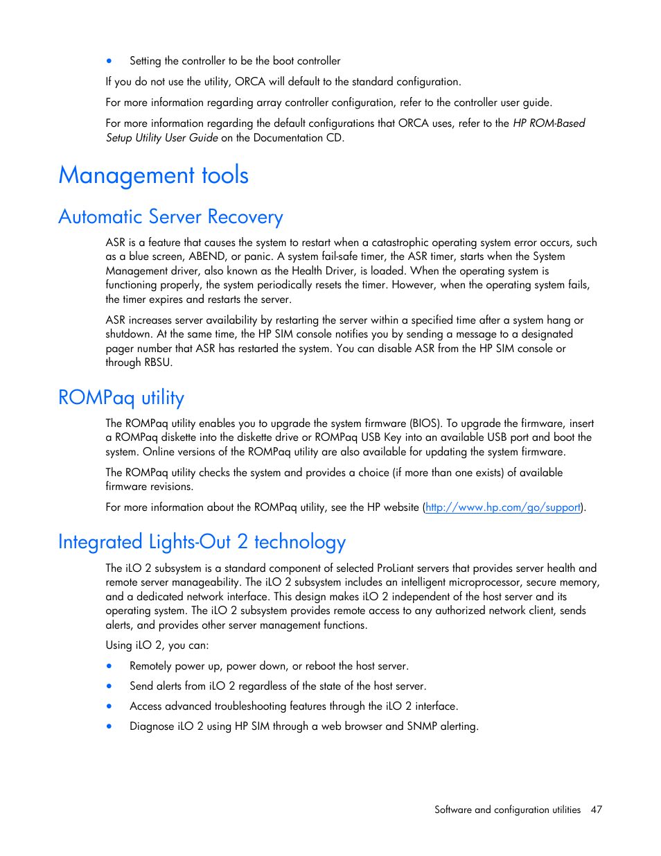 Management tools, Automatic server recovery, Rompaq utility | Integrated lights-out 2 technology | HP ProLiant BL465c G6 Server-Blade User Manual | Page 47 / 93