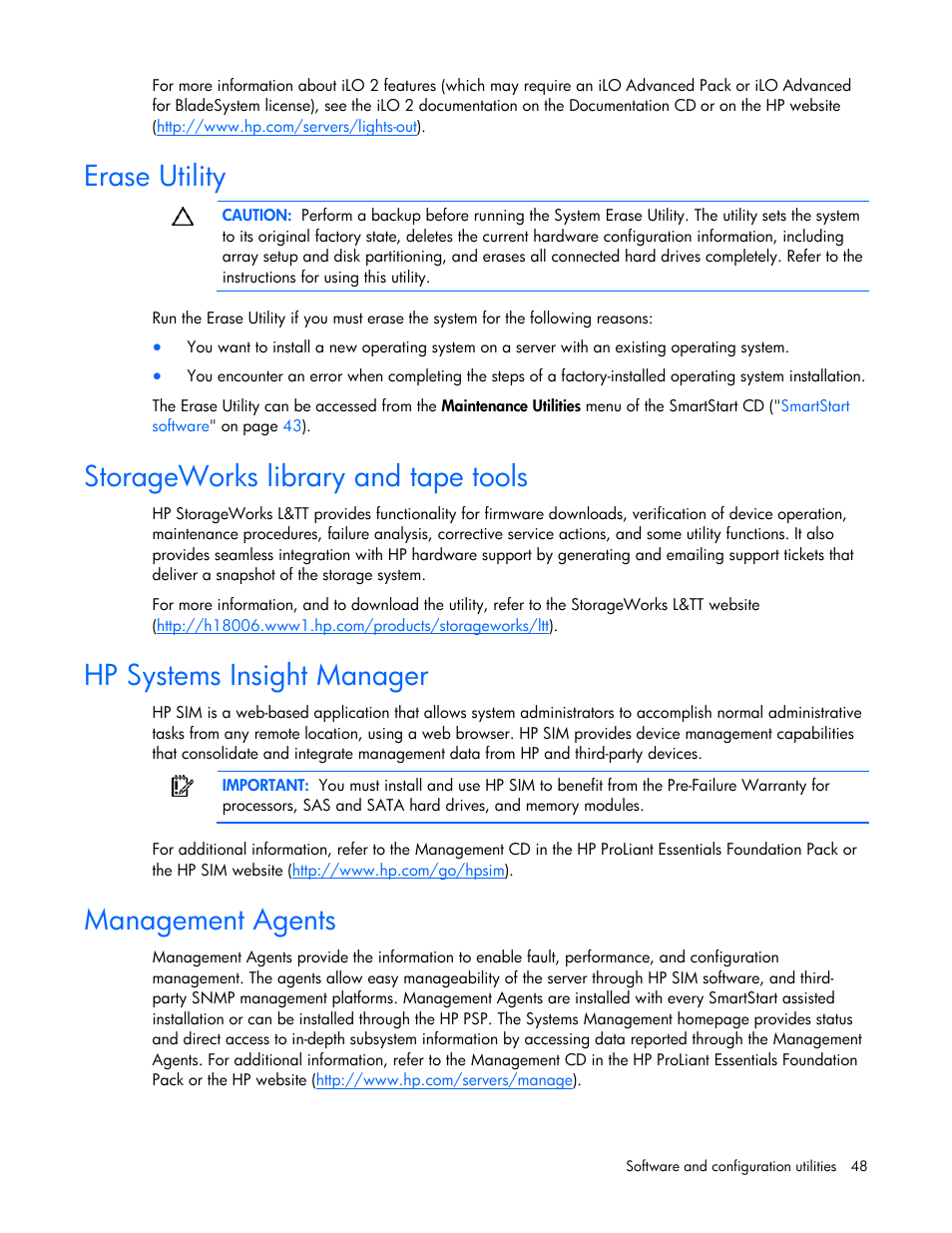 Erase utility, Storageworks library and tape tools, Hp systems insight manager | Management agents | HP ProLiant BL465c G6 Server-Blade User Manual | Page 48 / 93