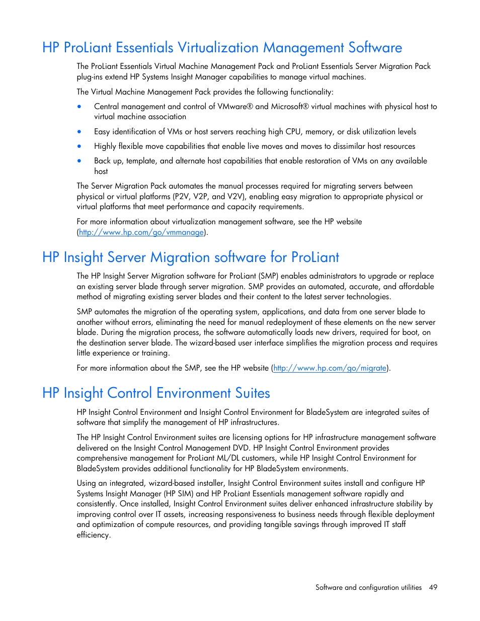 Hp insight server migration software for proliant, Hp insight control environment suites | HP ProLiant BL465c G6 Server-Blade User Manual | Page 49 / 93