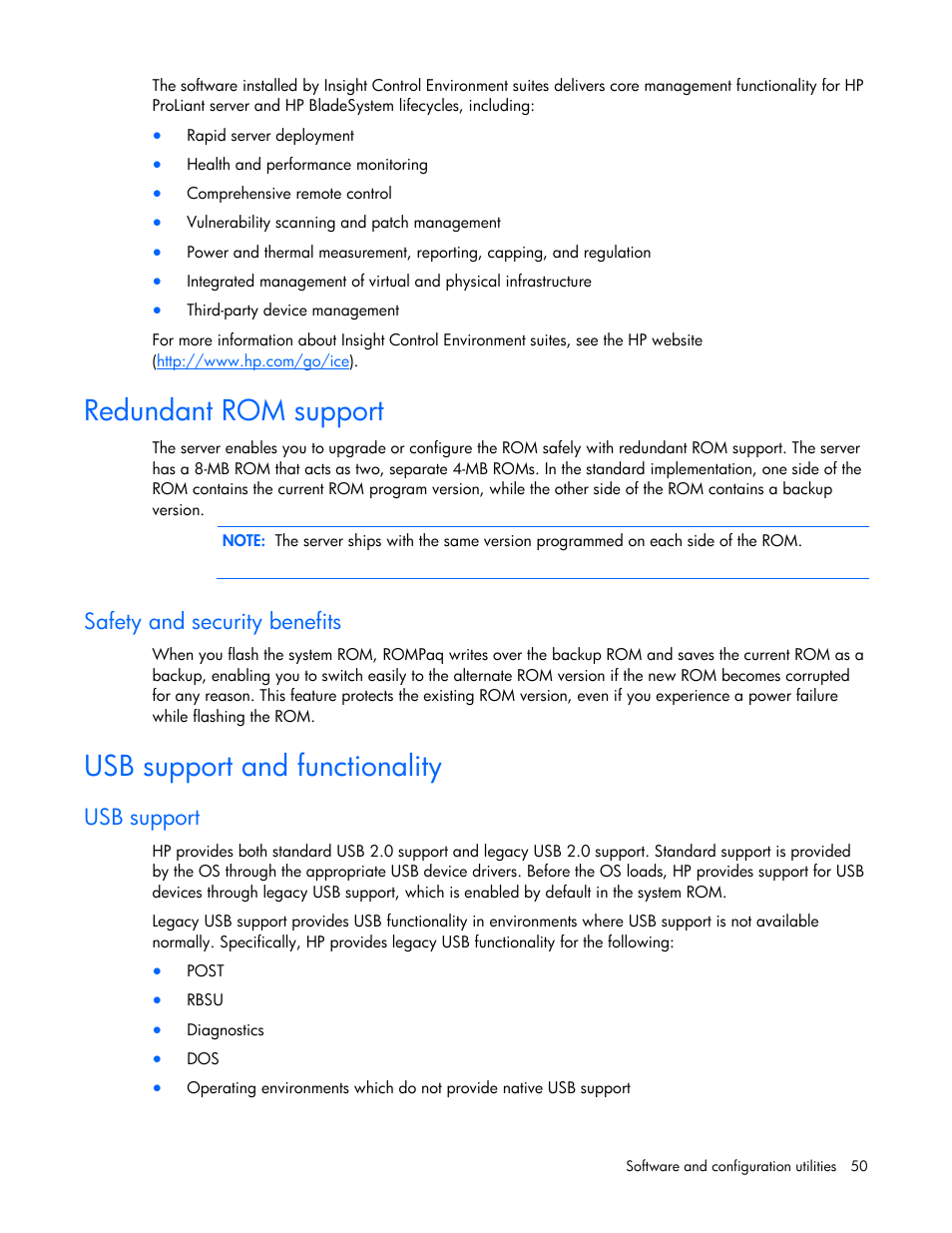 Redundant rom support, Safety and security benefits, Usb support and functionality | Usb support | HP ProLiant BL465c G6 Server-Blade User Manual | Page 50 / 93