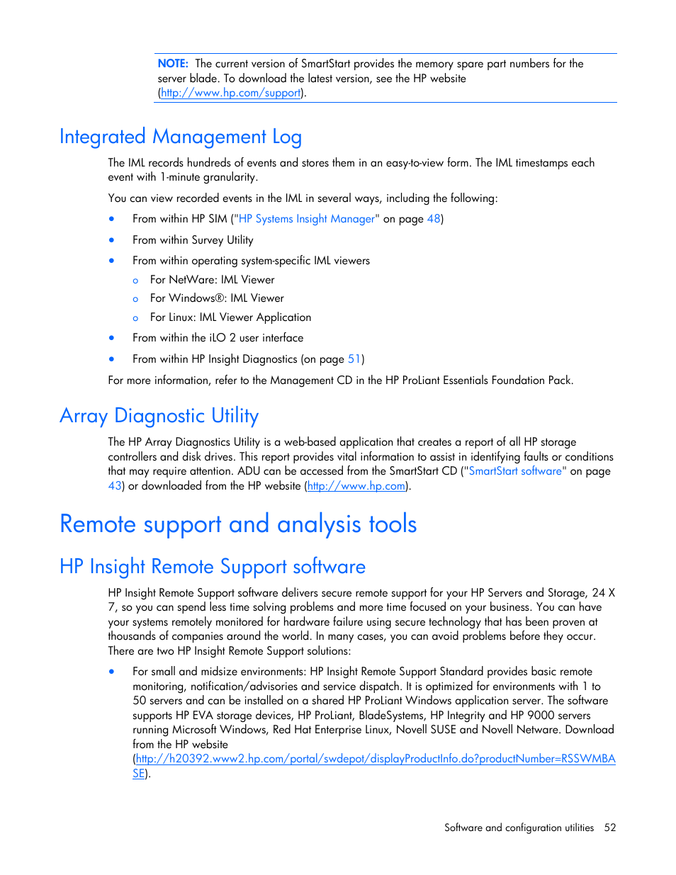 Integrated management log, Array diagnostic utility, Remote support and analysis tools | Hp insight remote support software | HP ProLiant BL465c G6 Server-Blade User Manual | Page 52 / 93