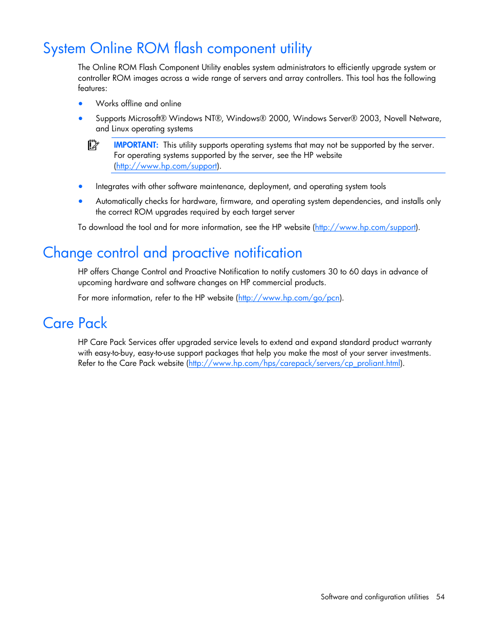 System online rom flash component utility, Change control and proactive notification, Care pack | HP ProLiant BL465c G6 Server-Blade User Manual | Page 54 / 93