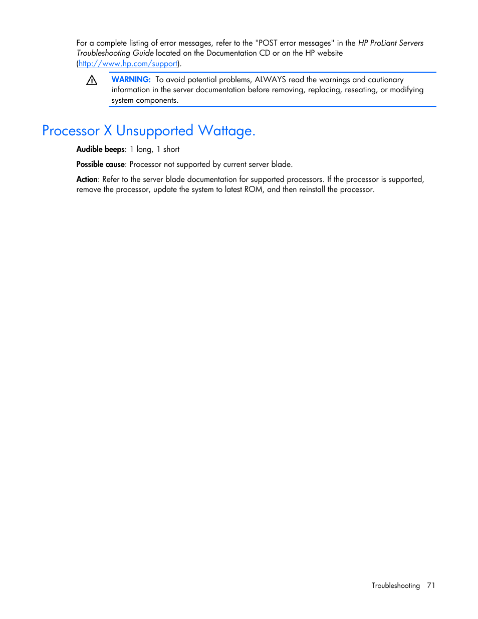 Processor x unsupported wattage | HP ProLiant BL465c G6 Server-Blade User Manual | Page 71 / 93