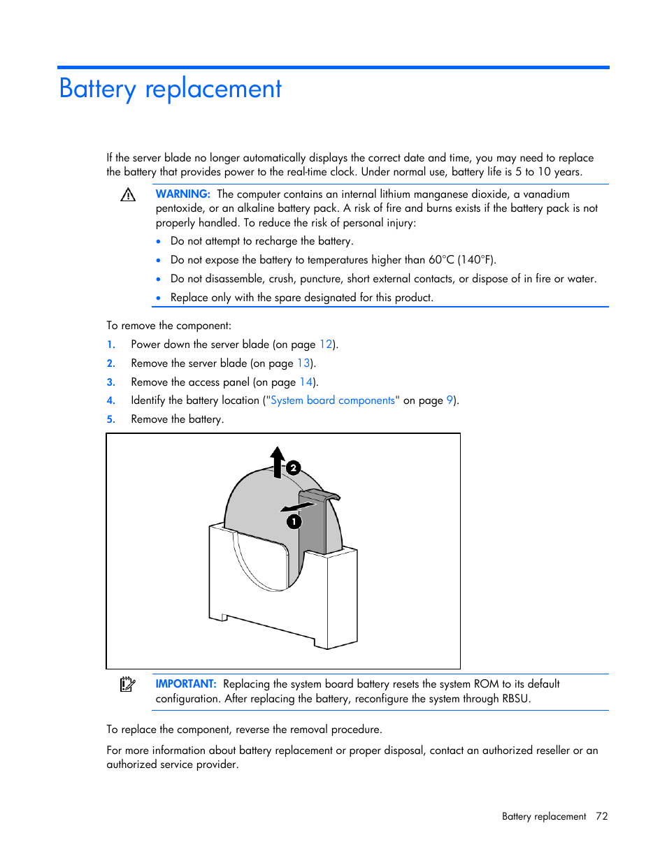 Battery replacement | HP ProLiant BL465c G6 Server-Blade User Manual | Page 72 / 93