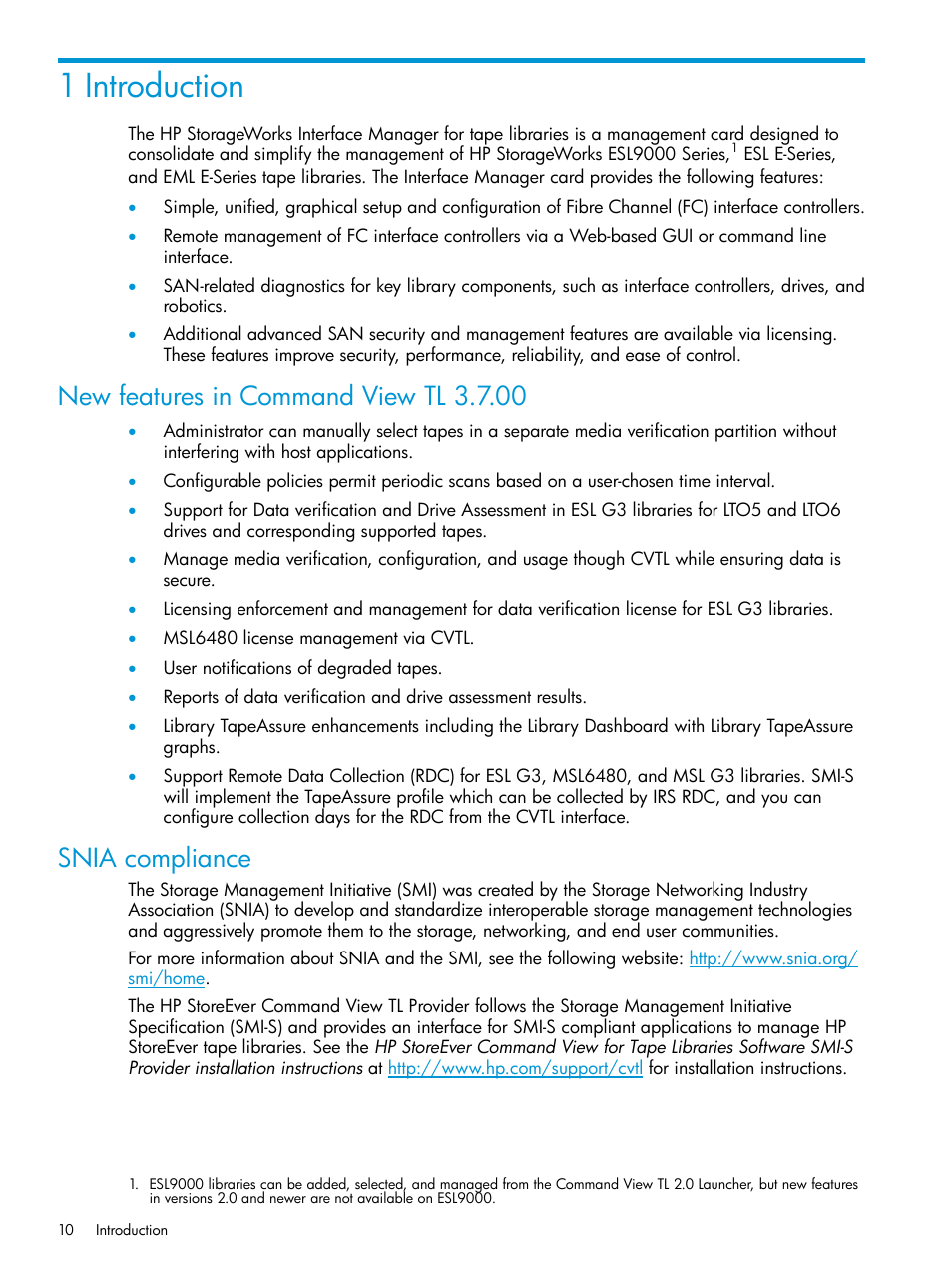 1 introduction, New features in command view tl 3.7.00, Snia compliance | HP Command View for Tape Libraries Software User Manual | Page 10 / 276