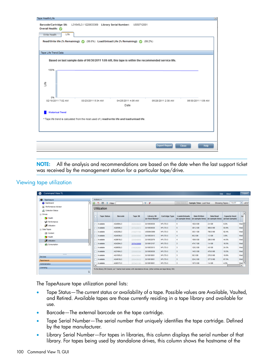 Viewing tape utilization | HP Command View for Tape Libraries Software User Manual | Page 100 / 276