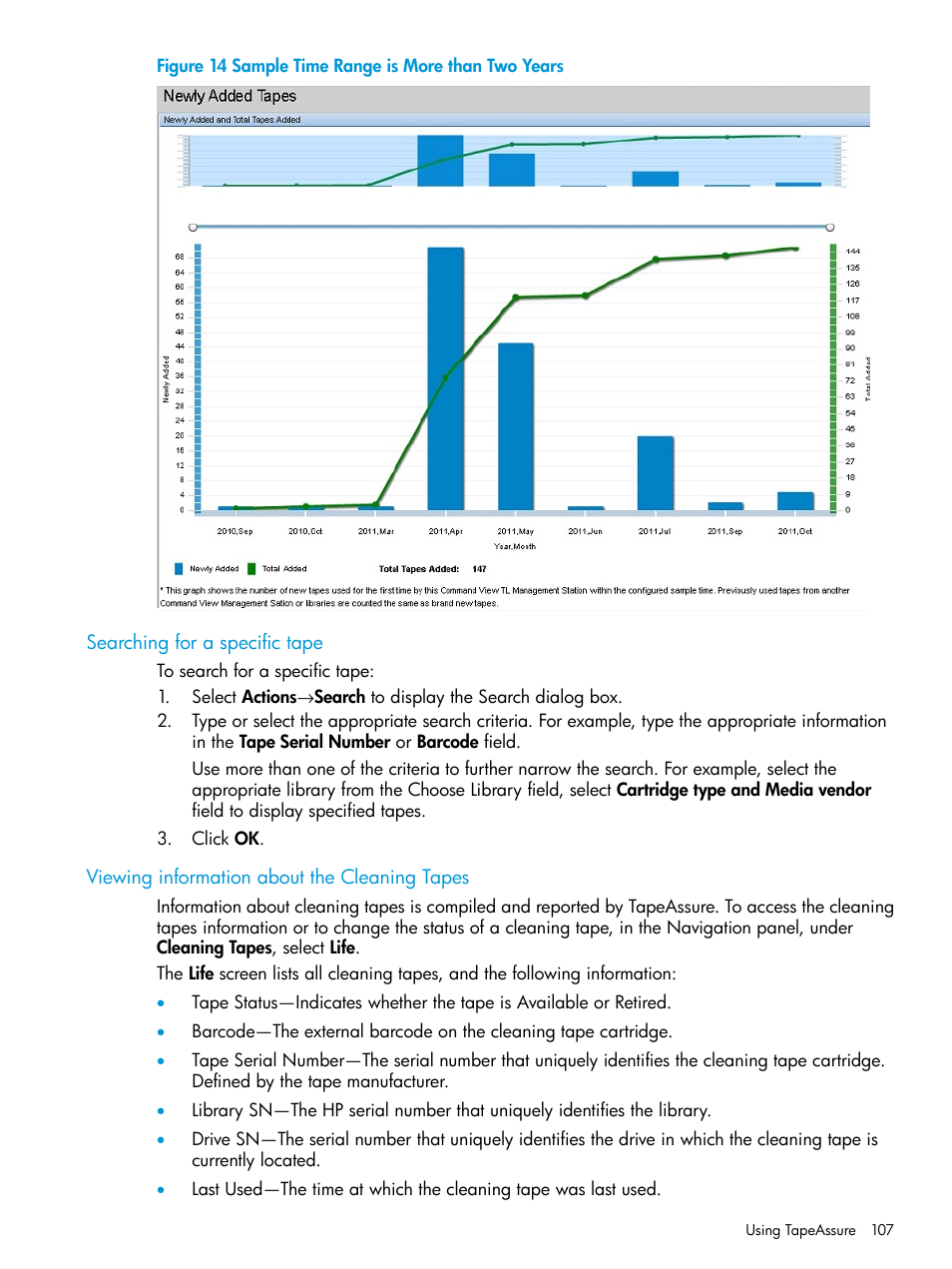 Searching for a specific tape, Viewing information about the cleaning tapes | HP Command View for Tape Libraries Software User Manual | Page 107 / 276