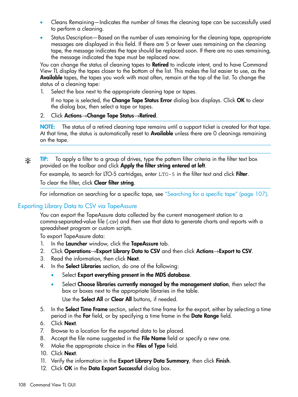 Exporting library data to csv via tapeassure | HP Command View for Tape Libraries Software User Manual | Page 108 / 276