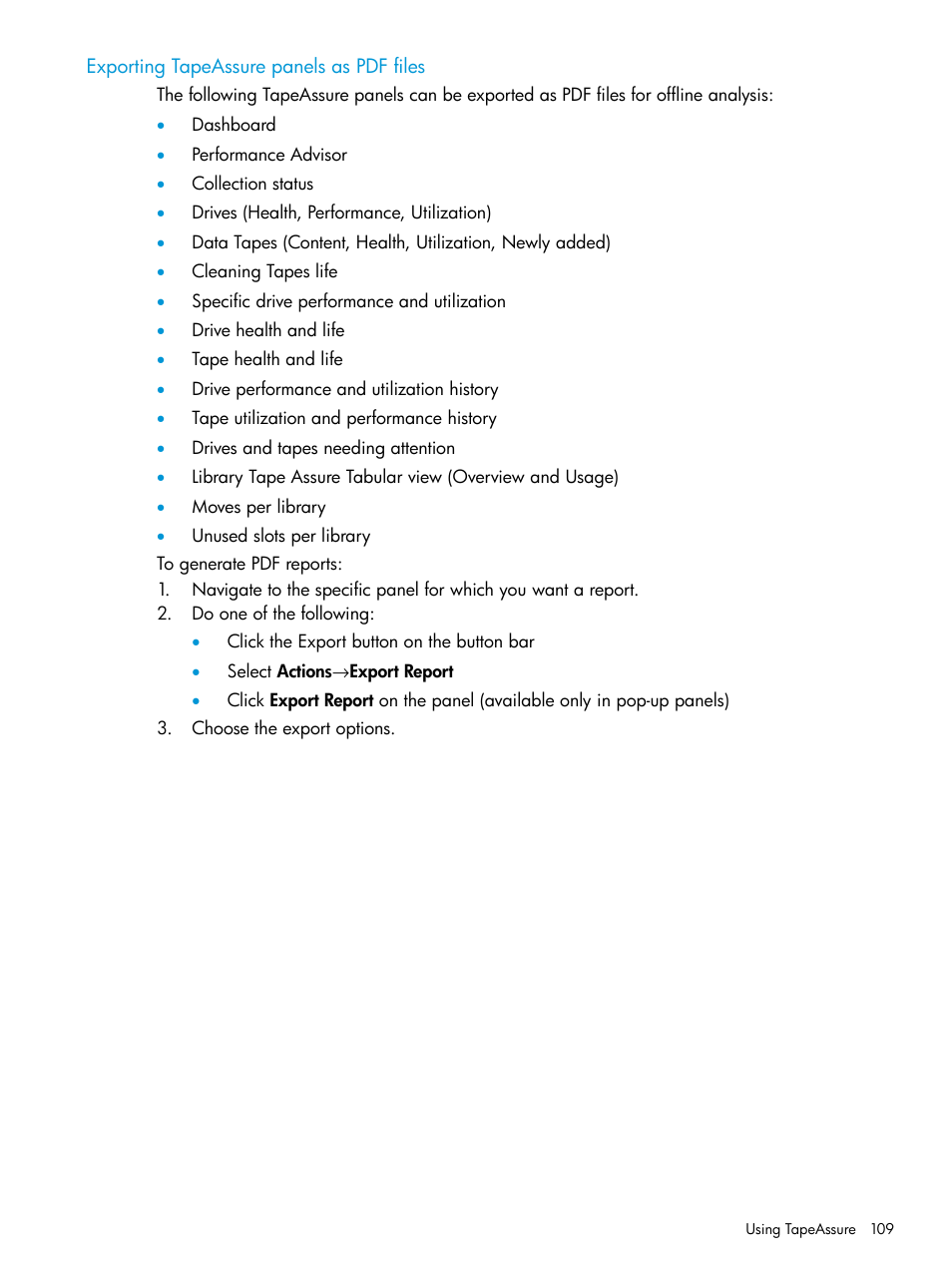 Exporting tapeassure panels as pdf files | HP Command View for Tape Libraries Software User Manual | Page 109 / 276
