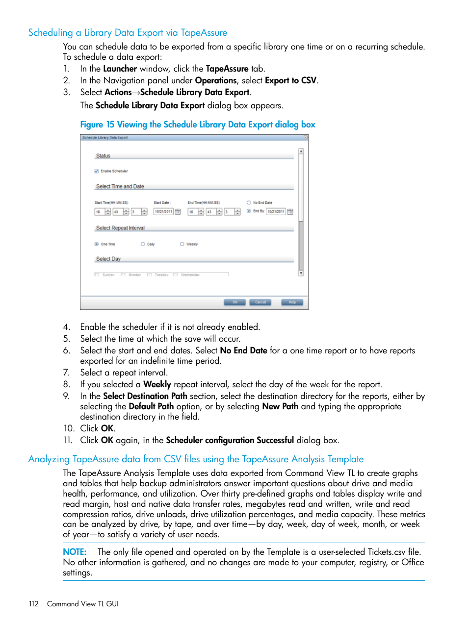 Scheduling a library data export via tapeassure, Scheduling a library | HP Command View for Tape Libraries Software User Manual | Page 112 / 276