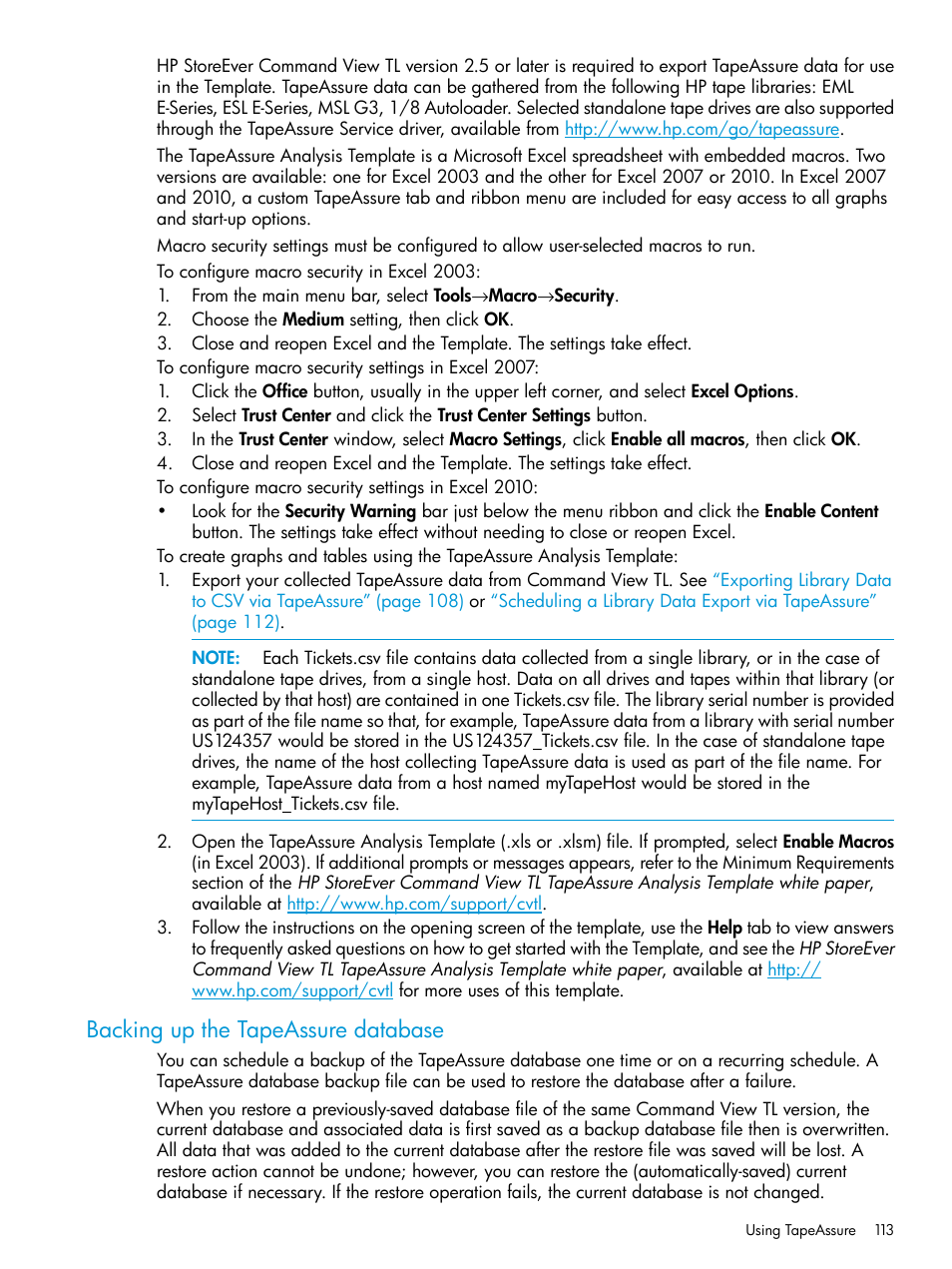 Backing up the tapeassure database | HP Command View for Tape Libraries Software User Manual | Page 113 / 276