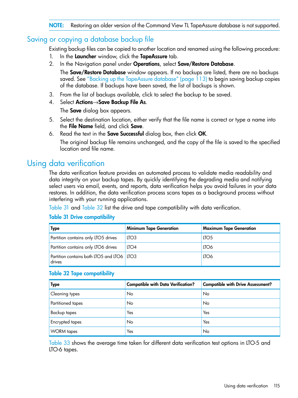 Saving or copying a database backup file, Using data verification, Saving or | HP Command View for Tape Libraries Software User Manual | Page 115 / 276