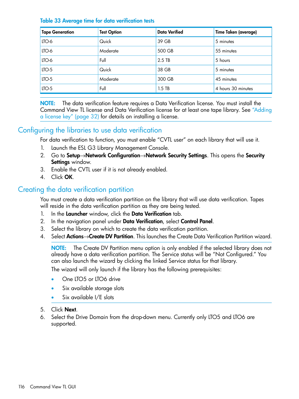 Configuring the libraries to use data verification, Creating the data verification partition, Table 33 | HP Command View for Tape Libraries Software User Manual | Page 116 / 276