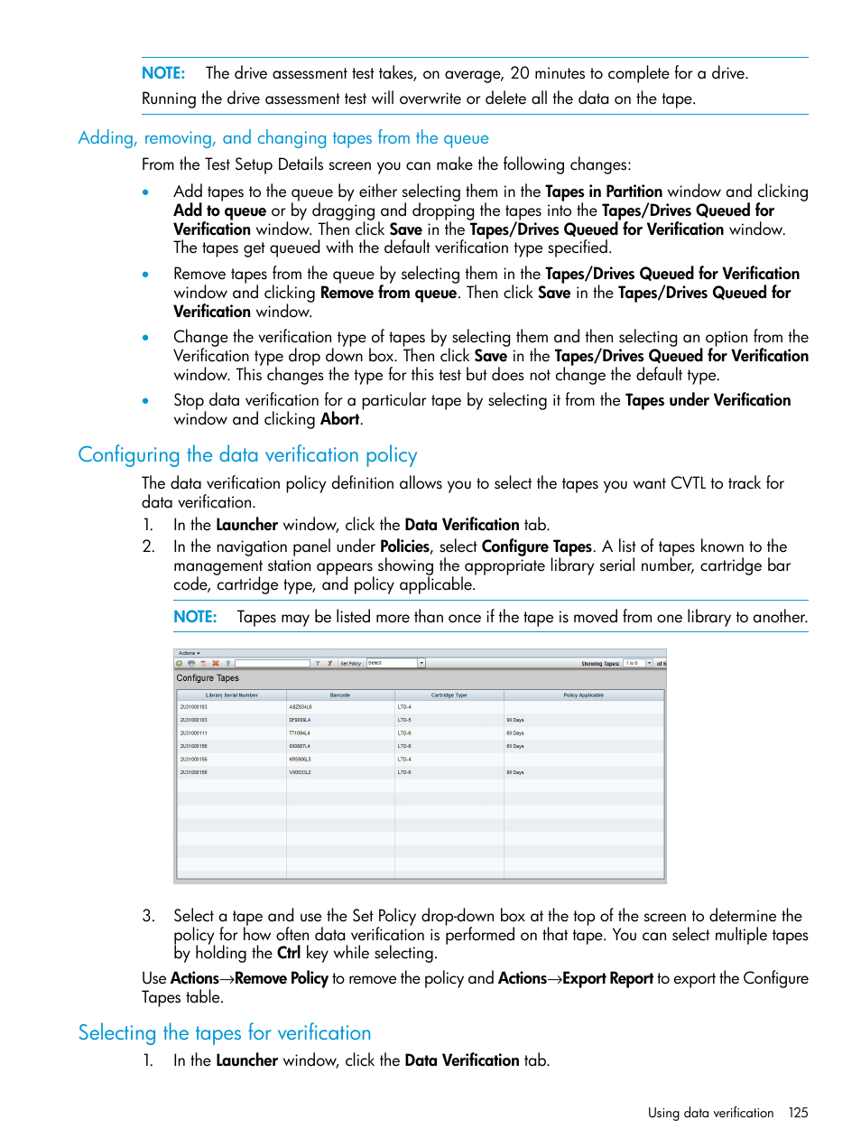 Configuring the data verification policy, Selecting the tapes for verification | HP Command View for Tape Libraries Software User Manual | Page 125 / 276