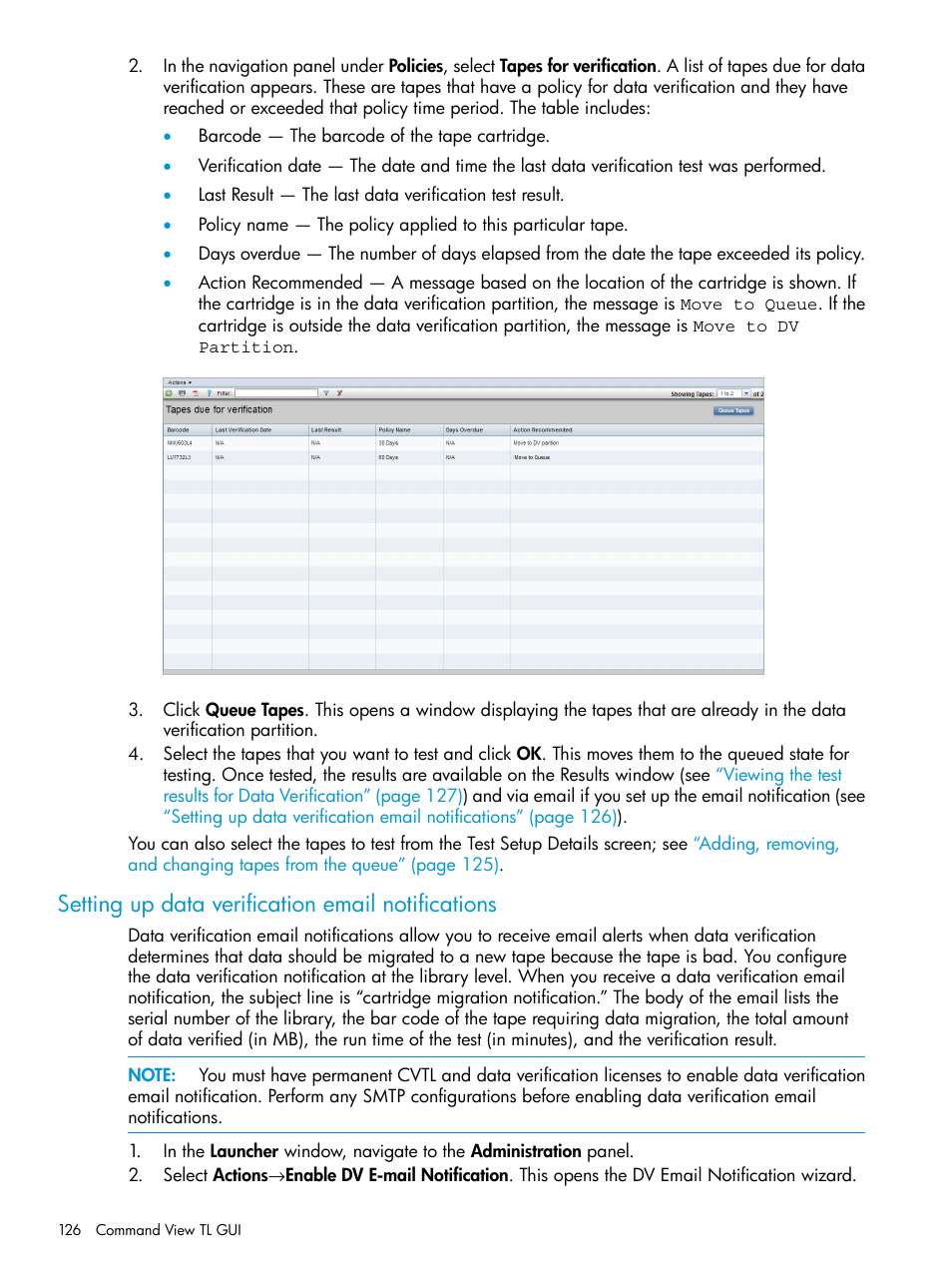 Setting up data verification email notifications | HP Command View for Tape Libraries Software User Manual | Page 126 / 276