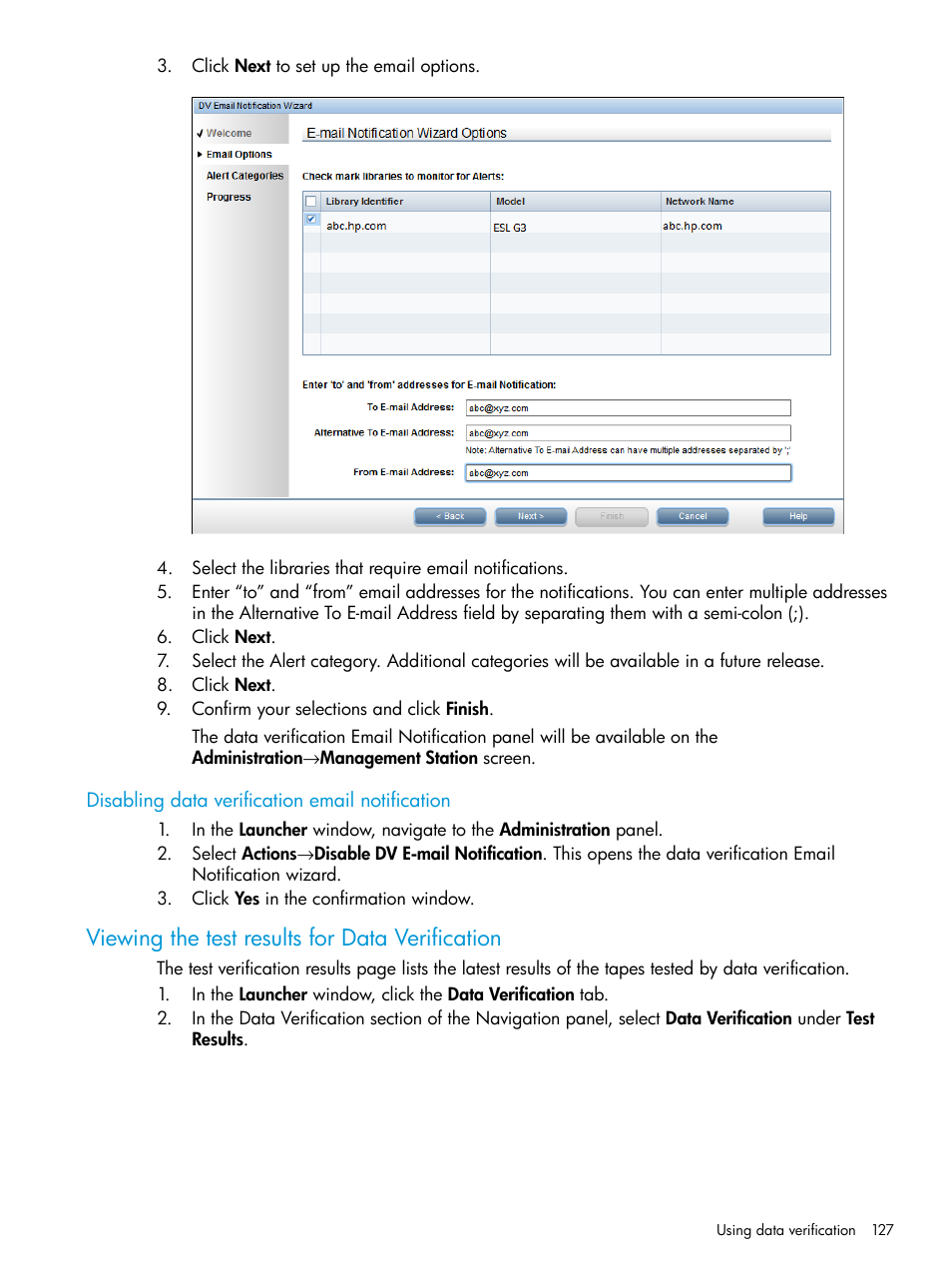 Disabling data verification email notification, Viewing the test results for data verification, Viewing the test | HP Command View for Tape Libraries Software User Manual | Page 127 / 276