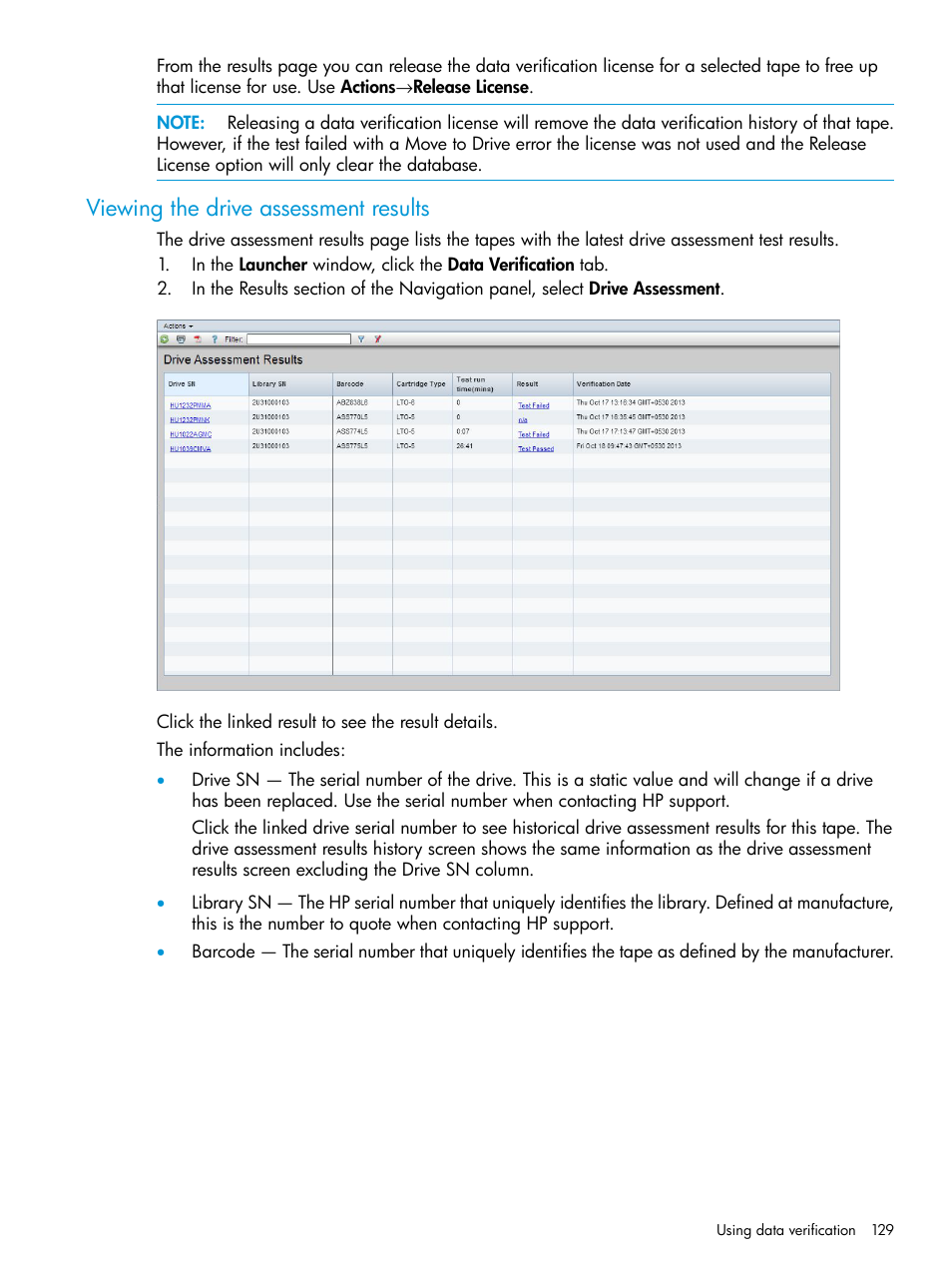 Viewing the drive assessment results | HP Command View for Tape Libraries Software User Manual | Page 129 / 276