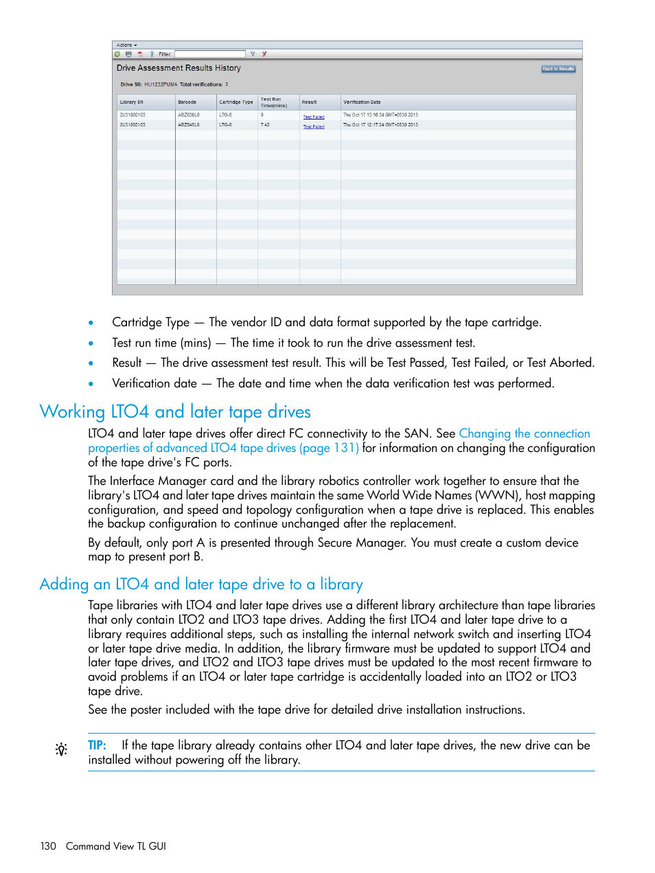 Working lto4 and later tape drives, Adding an lto4 and later tape drive to a library | HP Command View for Tape Libraries Software User Manual | Page 130 / 276