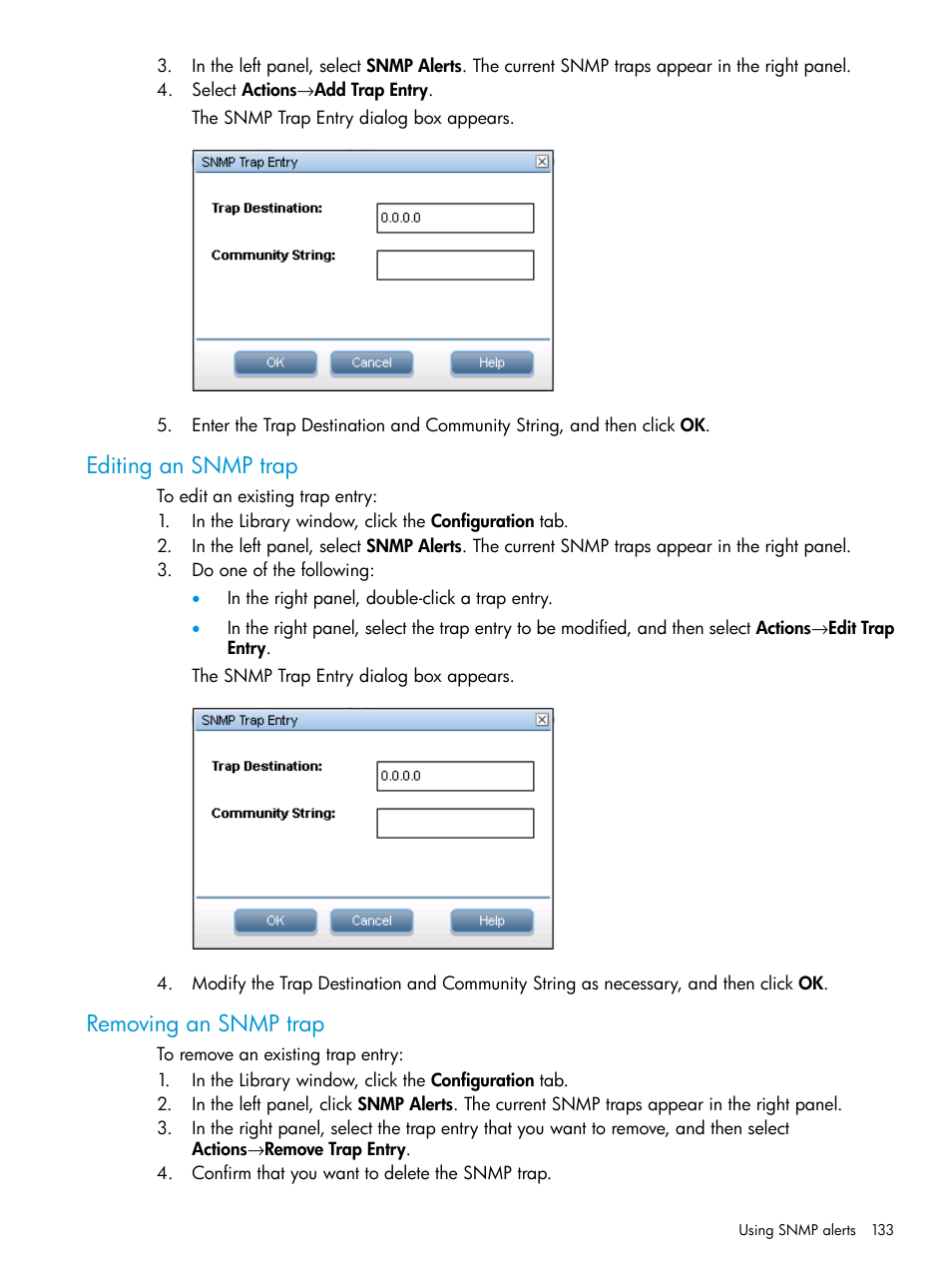 Editing an snmp trap, Removing an snmp trap, Editing an snmp trap removing an snmp trap | HP Command View for Tape Libraries Software User Manual | Page 133 / 276