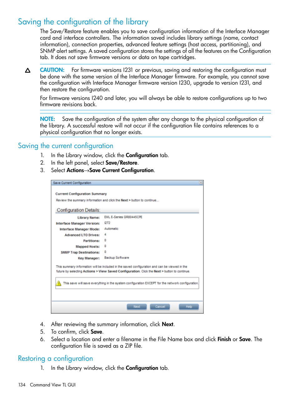 Saving the configuration of the library, Saving the current configuration, Restoring a configuration | HP Command View for Tape Libraries Software User Manual | Page 134 / 276