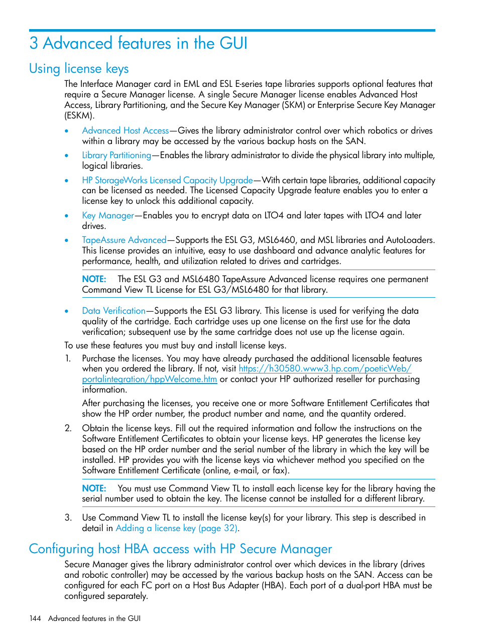 3 advanced features in the gui, Using license keys, Configuring host hba access with hp secure manager | HP Command View for Tape Libraries Software User Manual | Page 144 / 276