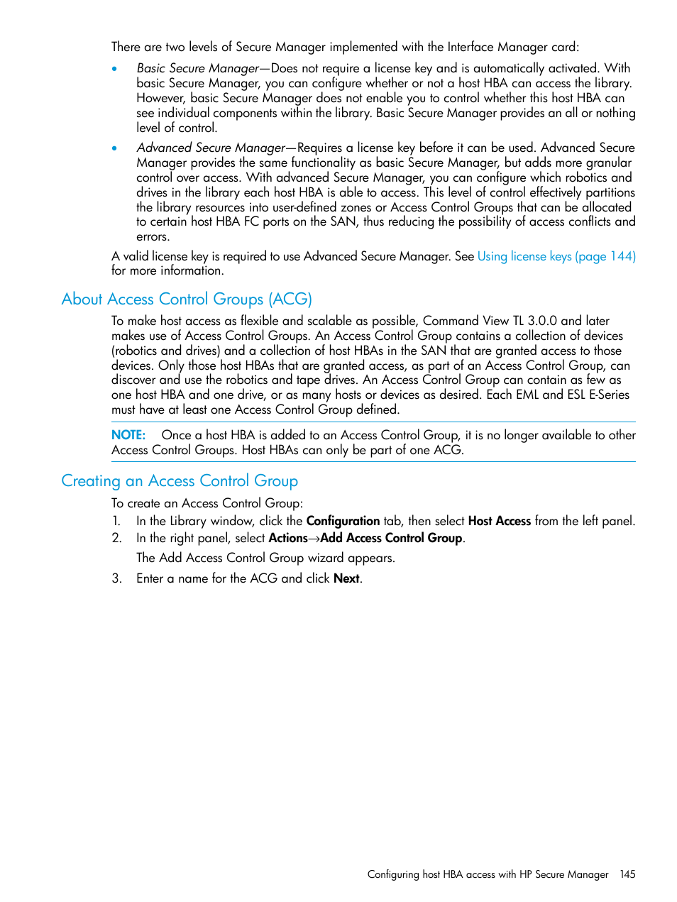 About access control groups (acg), Creating an access control group | HP Command View for Tape Libraries Software User Manual | Page 145 / 276