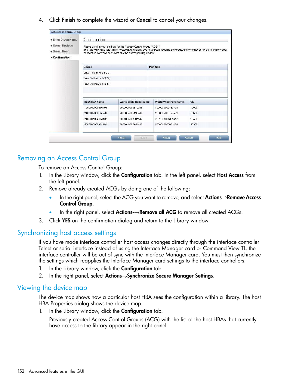 Removing an access control group, Synchronizing host access settings, Viewing the device map | HP Command View for Tape Libraries Software User Manual | Page 152 / 276