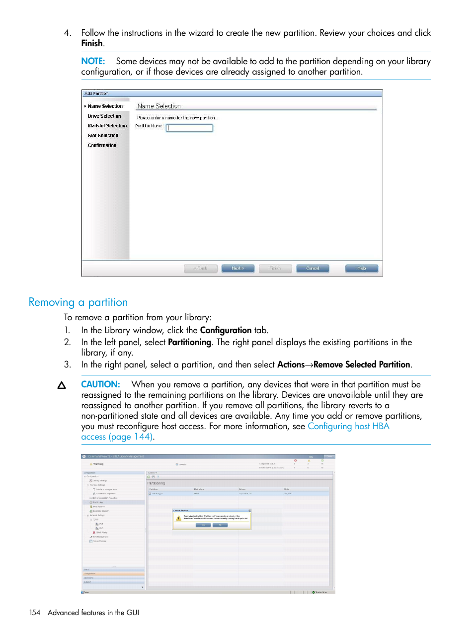 Removing a partition | HP Command View for Tape Libraries Software User Manual | Page 154 / 276