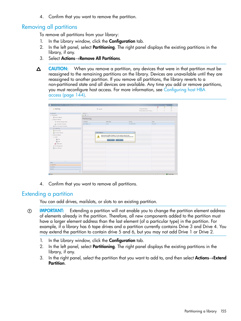 Removing all partitions, Extending a partition, Removing all partitions extending a partition | HP Command View for Tape Libraries Software User Manual | Page 155 / 276