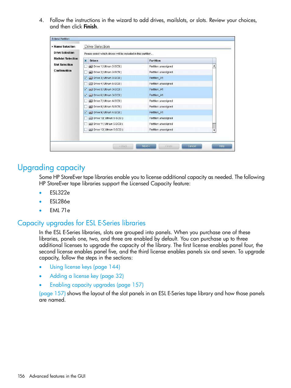 Upgrading capacity, Capacity upgrades for esl e-series libraries, Hp storageworks licensed capacity upgrade | HP Command View for Tape Libraries Software User Manual | Page 156 / 276