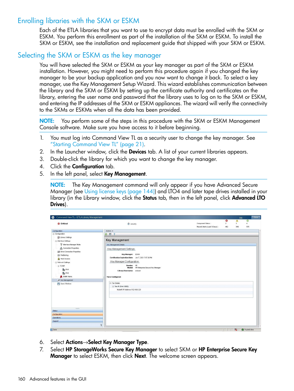 Enrolling libraries with the skm or eskm, Selecting the skm or eskm as the key manager | HP Command View for Tape Libraries Software User Manual | Page 160 / 276